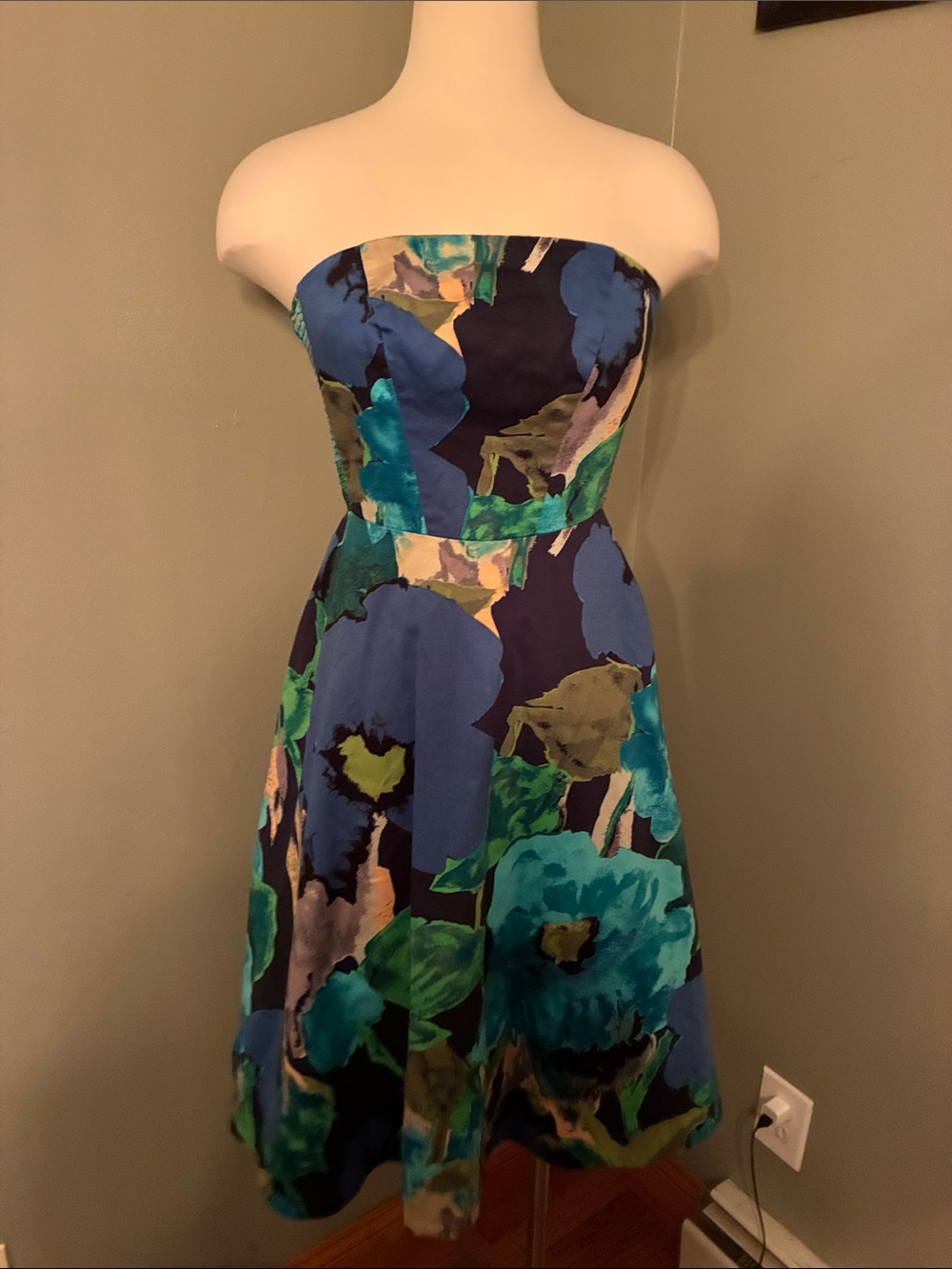 Strapless Floral A-Line Dress in Blue and Green